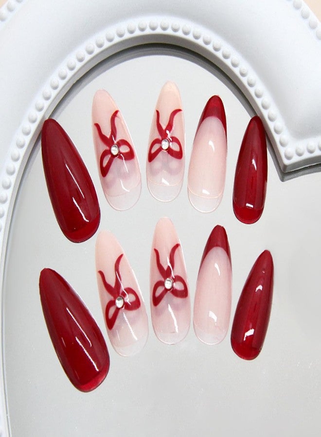 OSTTMA 24Pcs Almond Press on Nails Medium Red Fake Nails with 3D Rhinestones Bow Designs French Tip Acrylic Nails Glossy Elegant Red Stick on False Nails for Women DIY Manicure Decorations - Image 4